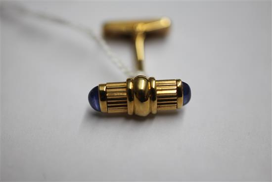 A pair of 1980s French 18ct gold and cabochon sapphire set cufflinks, retailed by Asprey & Co Ltd,